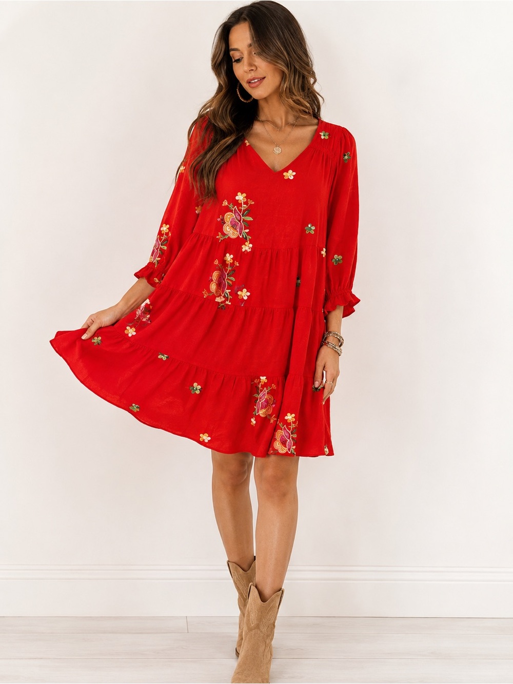 Olive Hill Colorful Embroidered Boho Tiered Midi Dress | Multicolor | Size Large